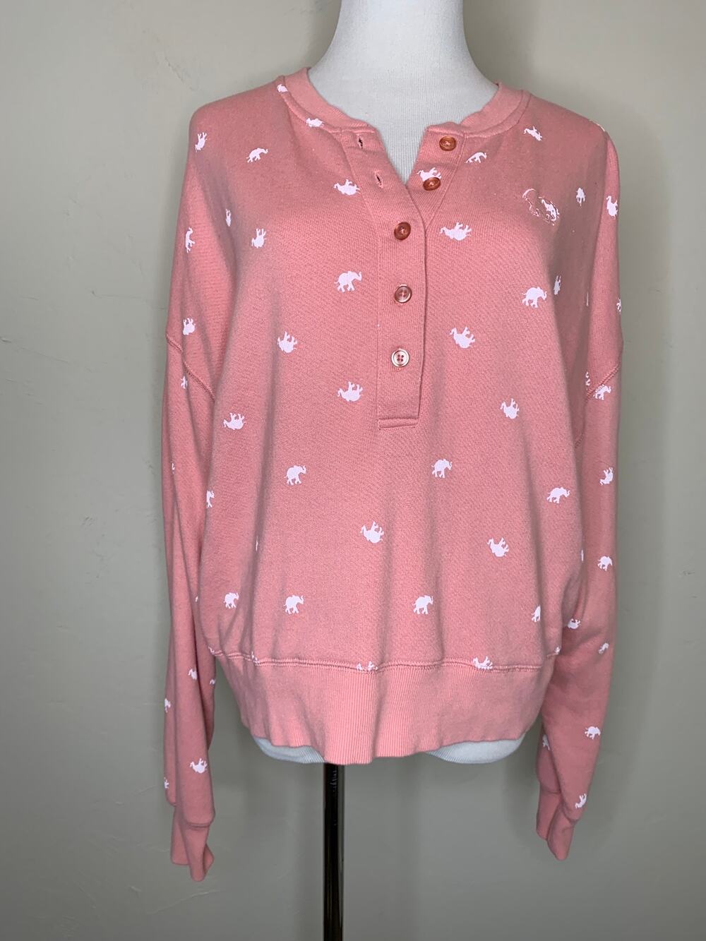 Ivory Ella Pink Elephant Print Cropped Henley Sweatshirt Sz Medium